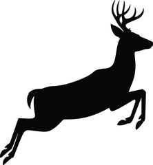 Obraz premium Silhouette of leaping deer with antlers, dynamic wildlife illustration in black and white, symbolizing motion, agility, nature, hunting, forest animal, and outdoor design