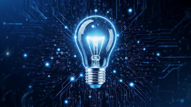 A glowing light bulb hovers in front of a blue electronic circuit board. The light inside is bright, circuit board has glowing points