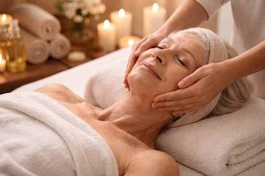 Senior woman enjoying relaxing face massage in spa salon with candles towels and calm atmosphere around