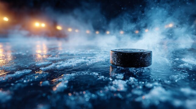 A powerful impact drives the hockey puck through the frozen ice, highlighting hockey, puck, burst, ice, break, power, strength, cold, and sports