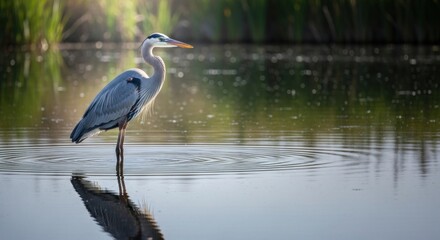 Naklejka premium Elegant heron stands in calm water reflecting sunlight