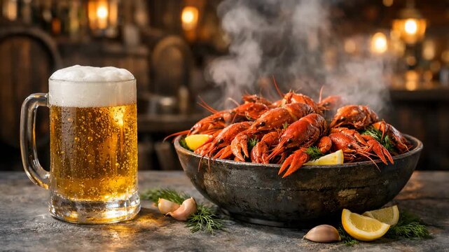 Steaming bowl of cooked crayfish with frothy beer mug on rustic table in warm pub setting with lemon and herbs