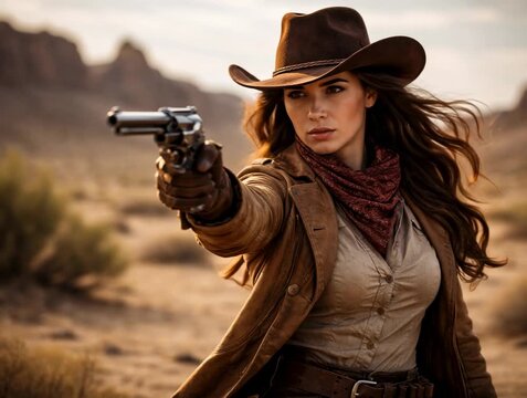 Confident cowgirl aiming revolver in desert wearing leather outfit and hat with windblown hair in sunset light