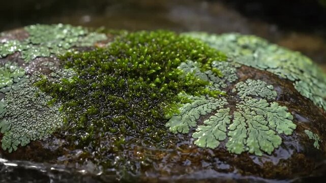 Macro Textures Extreme close-ups showcasing the intricate details of moss and lichen on various surfaces, emphasizing their organic patterns and vibrant colors.