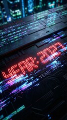 Fototapeta premium Glowing red digital numbers displaying year, 2027 presenting a future technology concept on a dark circuit board surface with abstract data code and interconnected lines