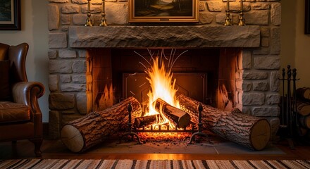 Cozy Fireplace with Burning Logs in a Stone Hearth.