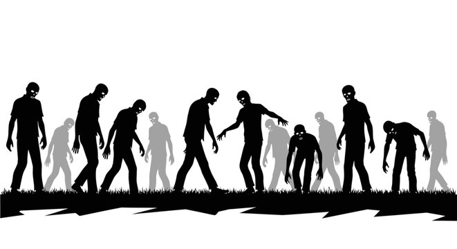 Silhouette of a Horde of Zombies Walking in a Across a Grassy Field
