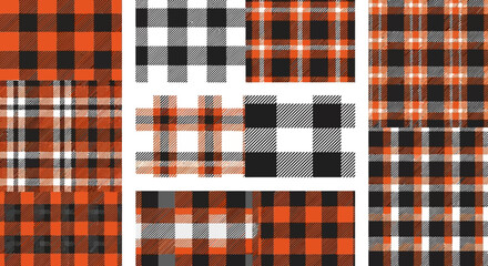 Collection of Plaid and Buffalo Check Patterns in Orange, Black, and White Textures
