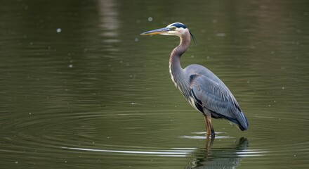 Naklejka premium Great blue heron standing in calm water outdoors wildlife scene natural light