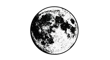 Detailed Illustration of the Full Moon with Craters and Lunar Details in Black and White © Hanaa