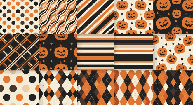 Collection of Halloween seamless patterns with pumpkins, stripes, and polka dots