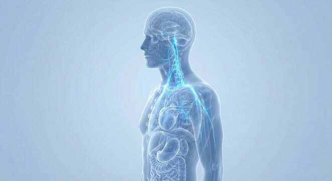 Medical visualization of the human vagus nerve system highlighted in a transparent body