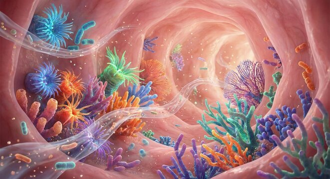 Vibrant 3D illustration of diverse gut microbiome flora inside the intestine