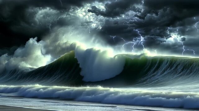 Massive ocean waves collide against the shoreline while thunderous storms illuminate the dark sky with lightning