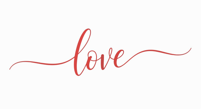 Red cursive word 'love' on a white background with a flowing script font and elegant lines.