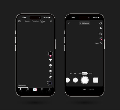 TikTok mobile app screen mockup. Vector template featuring social media interface elements, icons, and smartphone page layout