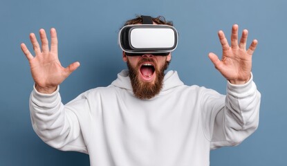Naklejka premium The young man revels in virtual reality, feeling excitement and joy