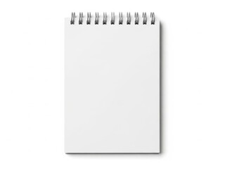 A blank spiral notebook standing upright against a white background