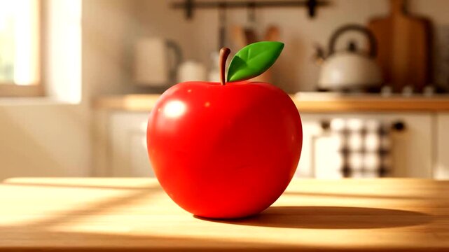 Animated red apple character with a happy face in a kitchen setting.