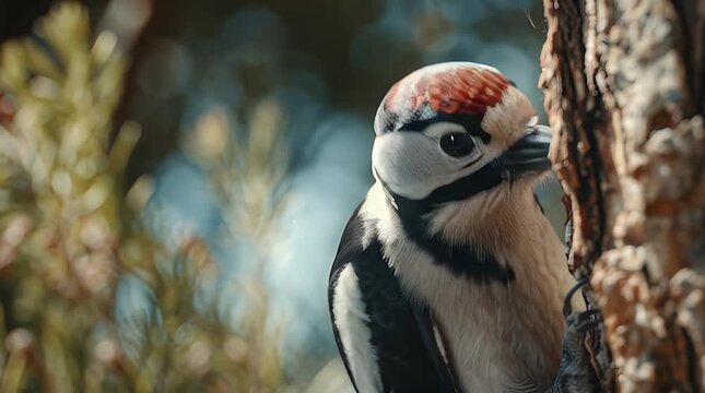 Woodpecker Perched on Tree Trunk Closeup.