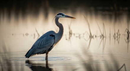 Naklejka premium Elegant heron stands in water with sunlight reflecting off the surface peacefully
