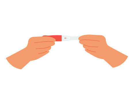  Female hands holding positive pregnancy self-test kit with two stripes isolated on white.