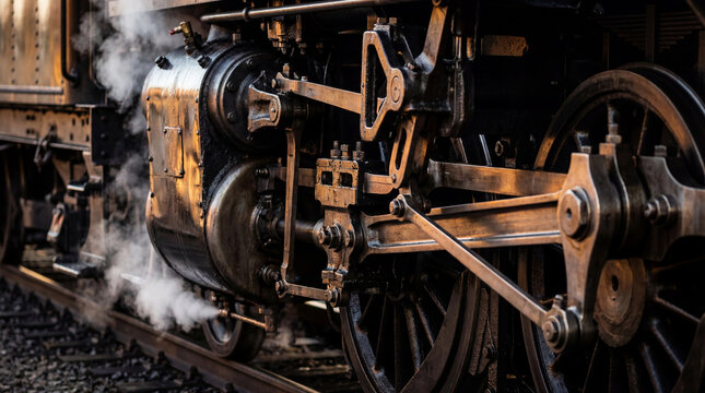 Vintage steam engine machinery emitting white steam