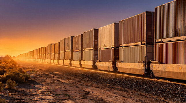 Freight train transports containers at desert sunset