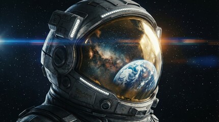 Astronaut immersed in the vastness of space, reflecting earth and a swirling galaxy in the visor, symbolizing discovery, future exploration, and cosmic journey