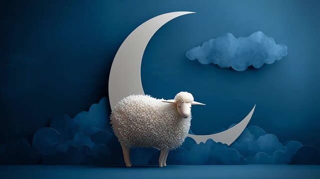 Fluffy white sheep standing in front of a white crescent moon at night