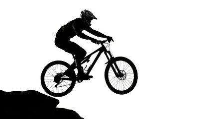 Silhouette of Mountain Biker Launching Off a Cliff Edge Against White Background