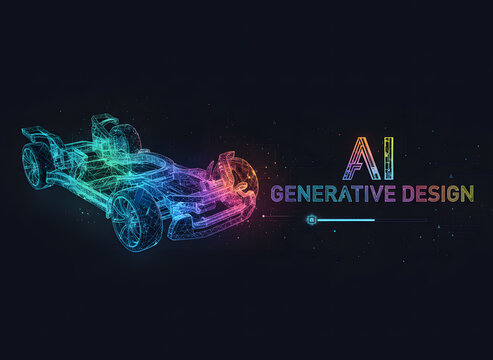 AI Generative Design: A futuristic visualization of AI generative design, showcasing a sleek car chassis in vibrant colors, symbolizing innovation and technological advancement.