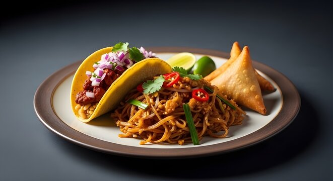 A fusion platter featuring a spicy meat taco with red onions, savory stir-fried noodles, and crispy golden samosas served with lime.