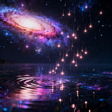 Shimmering Astral Rainfall on Reflective Cosmic Sea