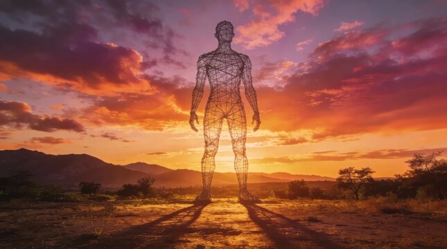 Technological silhouette of a person on a sunny background