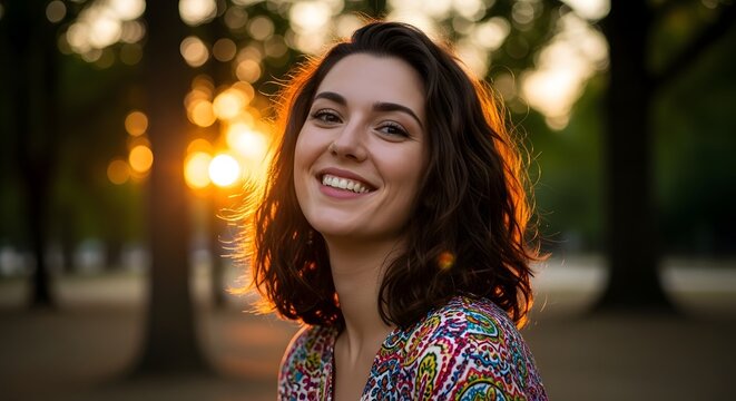 A smiling woman with dark hair standing in a park at sunset with trees in the background