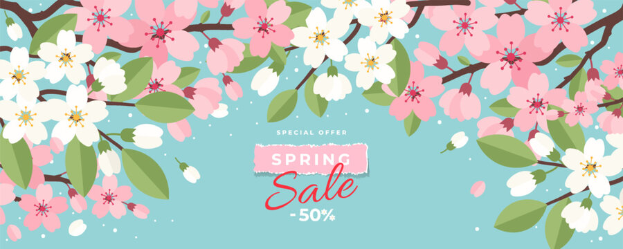 Spring  banner, greeting card, cover, poster with Sakura cherry blossom branches in flat style. Floral art template for sale, Japanese themed, Hanami, Womens Day, Mothers Day, birthday, Easter.
