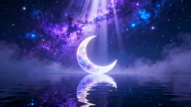 Crescent moon reflecting on calm water with mystical purple nebula sky