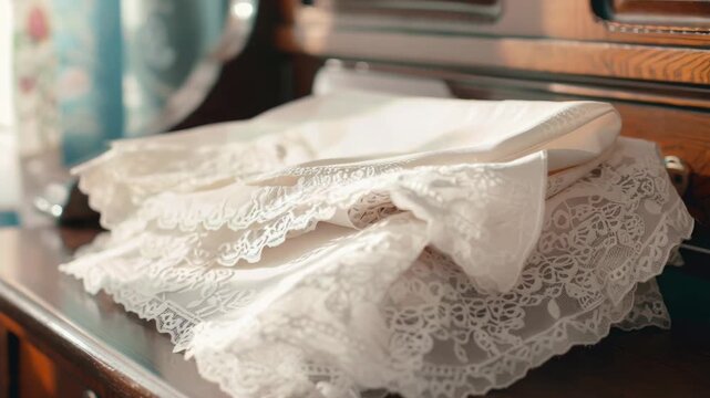 Delicate lace cloths folded on polished wooden table