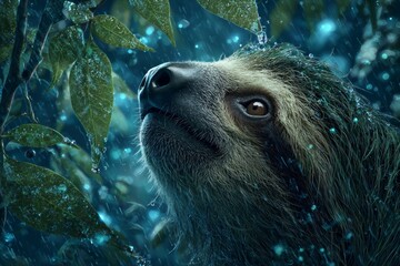 Naklejka premium A detailed close-up of a sloth suspended on a branch amid a lush green forest