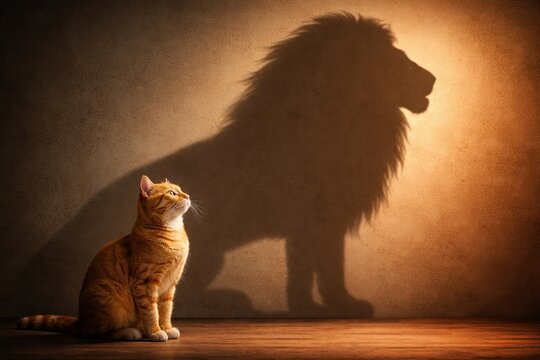 Ginger cat casting a lion shadow on wall with dramatic light, symbolizing courage, strength, and confidence