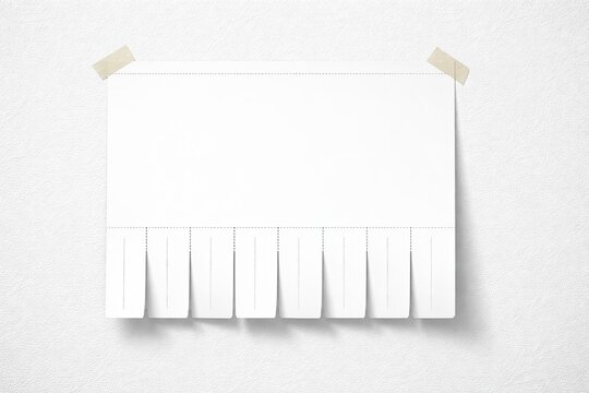  Blank tear-off flyer mockup with perforated tabs and adhesive tape on textured white wall background for design