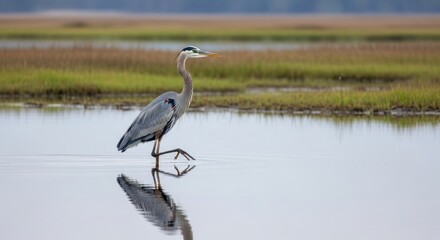 Great blue heron wading in calm water near marshland habitat