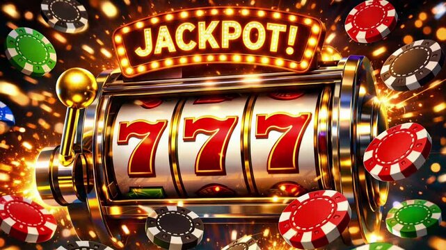 Jackpot slot machine with triple sevens and flying poker chips exploding in golden celebration and bright lights