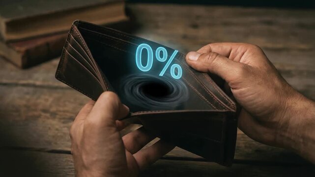 Empty wallet ai risk controls with zero percent finance warning male hand money loss black hole economic crisis savings stress despair finance