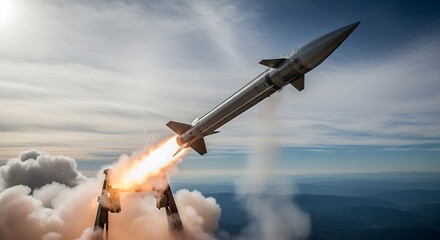 Powerful Missile Launching into the Sky with Fiery Exhaust.