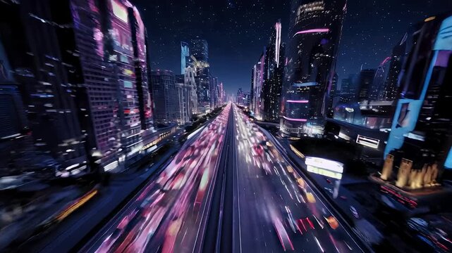 A futuristic cityscape at night with glowing, neon-lit skyscrapers and a busy highway with blurred traffic extending into the horizon