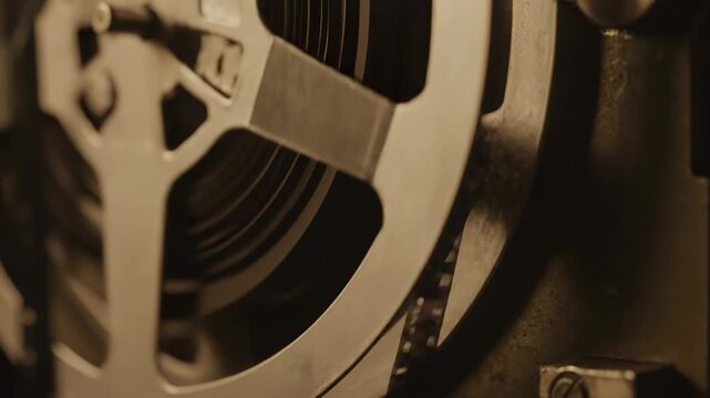 A close-up view showcasing an aged film reel in sepia tones, evoking vintage filmmaking