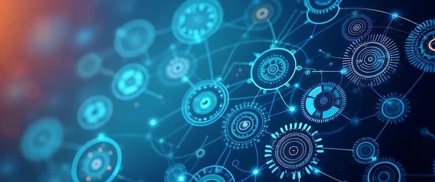Futuristic digital network interface with animated data flow, slow camera pan across a minimalist blue background, showcasing dynamic technology connections in a sleek, modern style.
