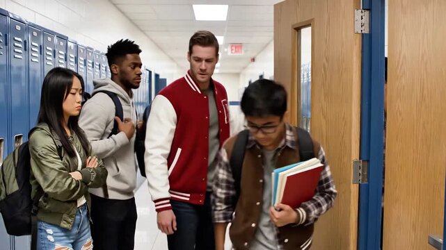 Group of diverse high school students interact in hallway as one student approaches door while another student blocks entrance. Bullying in school as social problem concept.